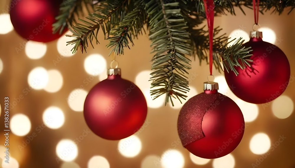 Festive red ornaments hanging from a Christmas tree branch against a warm, golden bokeh background, evoking the spirit of cozy holiday cheer. Festive red ornaments hanging from a Christmas tree branch against a warm, golden bokeh background, evoking the spirit of cozy holiday cheer.