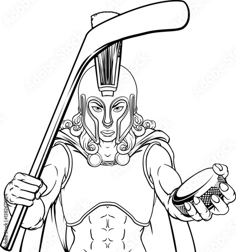 Canvas Print A female trojan or spartan woman ice hockey sports team cartoon mascot