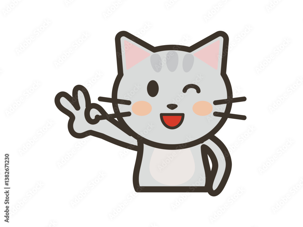 Obraz premium 笑顔でピースをするかわいいねこちゃんの上半身イラスト