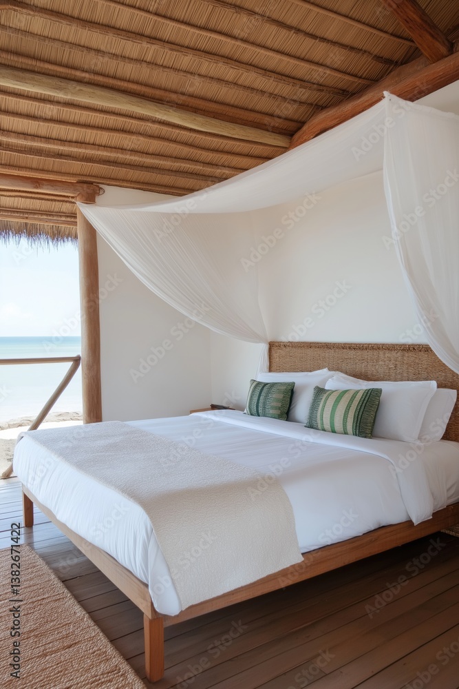 A bed with a white canopy and pillows. The bed is in a room with a wooden floor and a view of the ocean