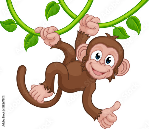 A monkey cartoon character singing on jungle vines and giving a thumbs up