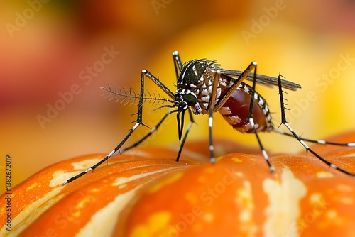 Macro view of Aedes aegypti on a richly colored fall gourd, seasonal harvest theme.