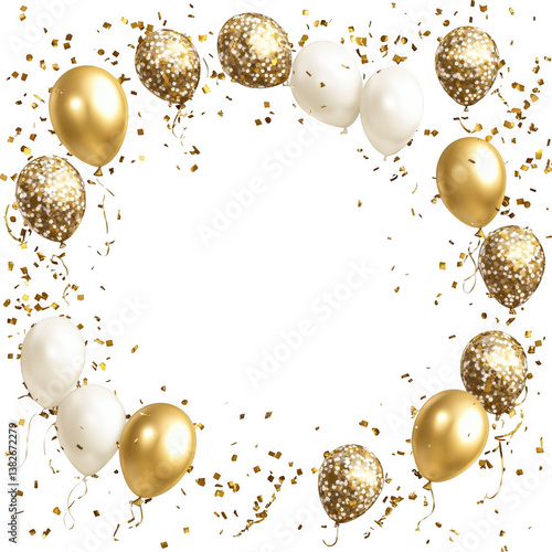 A festive frame of gold and white balloons with confetti on a black background for celebration design