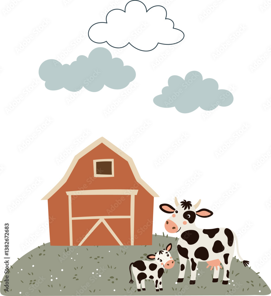 custom made wallpaper toronto digitalVector illustration of a barn with a cow and calf in a whimsical style. Cute and charming farm animal composition on white background. Perfect for kids' designs, prints, and countryside themes.