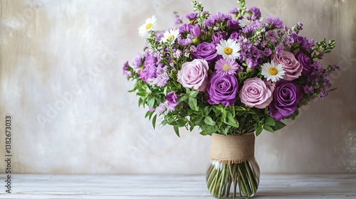 Wallpaper Mural Elegant floral arrangement of purple roses and daisies in a glass vase, ideal for spring/summer events, weddings, or floral designs. Torontodigital.ca