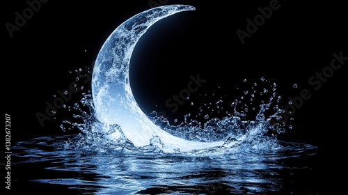 Water Crescent Moon on Black Background