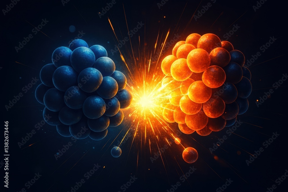 Explosive atomic reactions and particles in futuristic scientific style