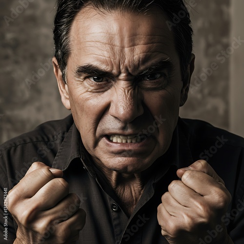 A man's face contorted in furious anger, fists clenched tight, conveying raw emotion and inner turmoil in a darkly lit, close-up portrait.