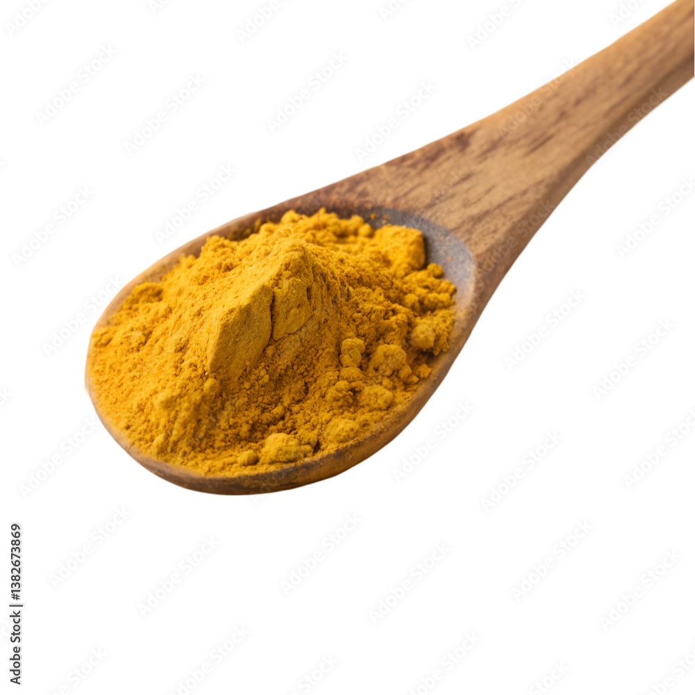 Turmeric powder in wooden spoon isolated on transparent background
