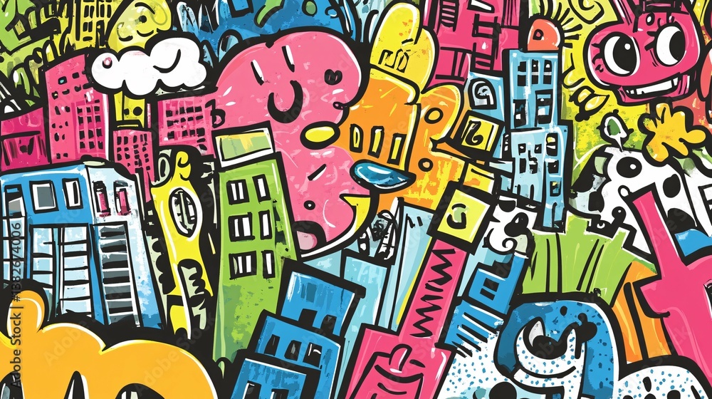 Colorful illustration depicting an imaginative city scene with abstract characters Colorful illustration depicting an imaginative city scene with abstract characters
