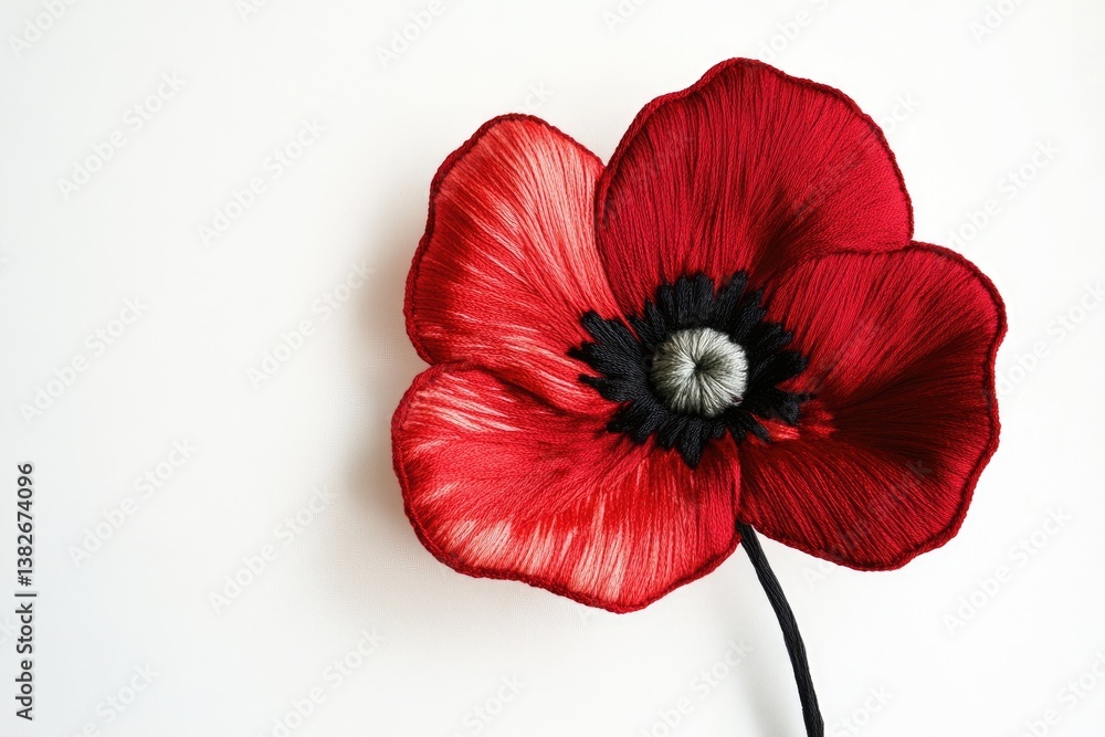 Naklejka premium Intricate silk thread embroidery depicting a vibrant red poppy flower against a white background.