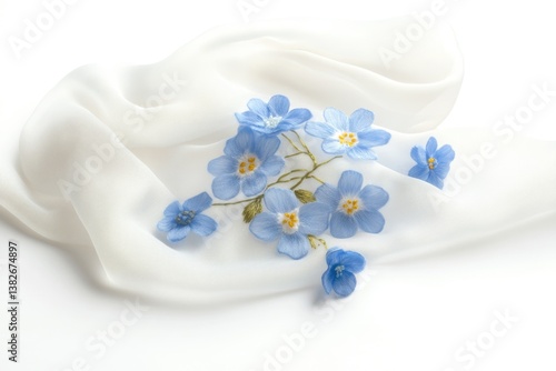 Delicate blue forget-me-nots embroidered on white silk fabric.