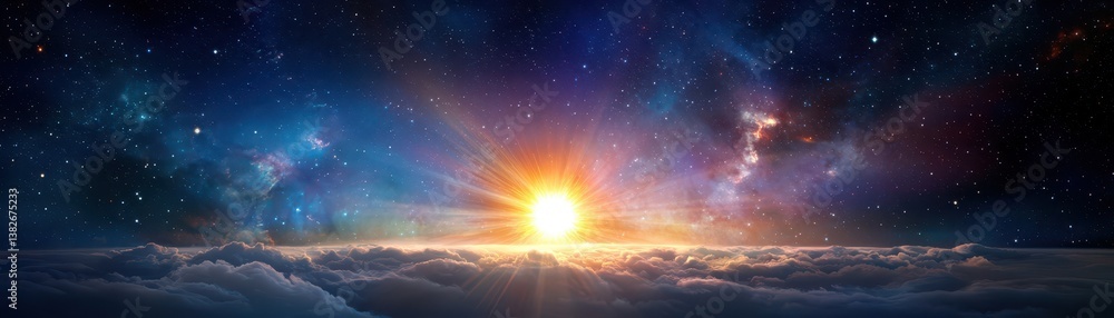 Fototapeta premium Celestial sunrise over clouds vast universe digital art cosmic environment wide-angle view spiritual journey