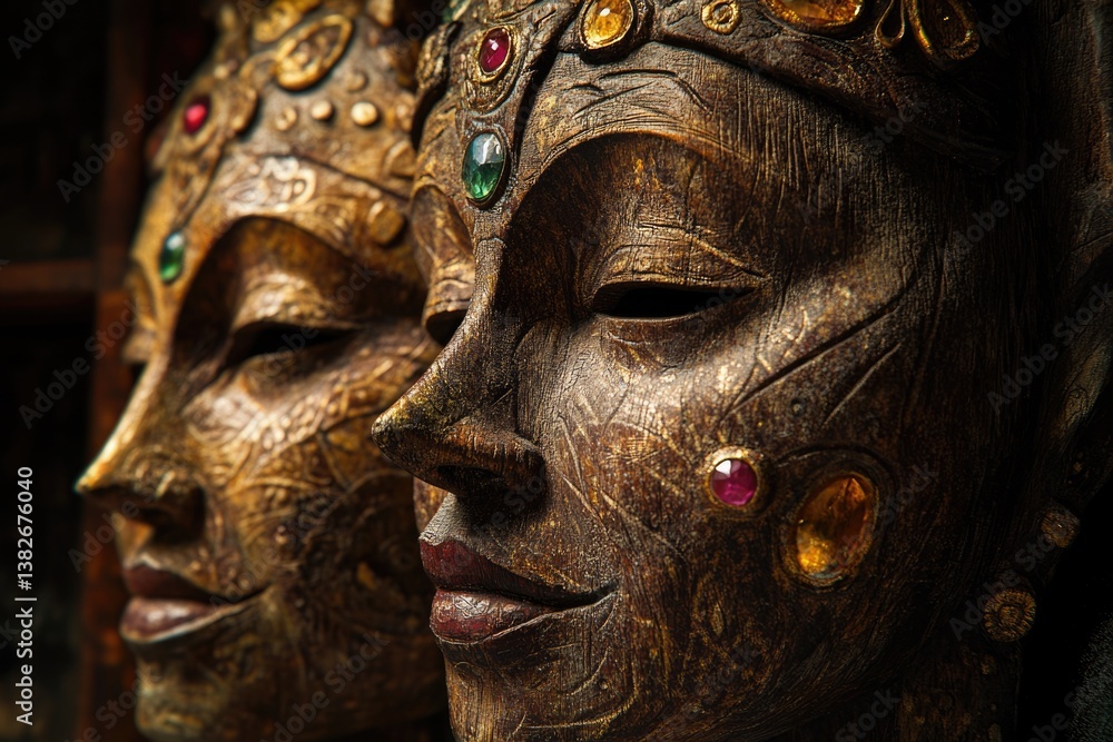 Ornate, dark wooden masks adorned with precious gems, possibly of Asian origin, exhibiting detailed carvings and serene expressions. Ornate, dark wooden masks adorned with precious gems, possibly of Asian origin, exhibiting detailed carvings and serene expressions.