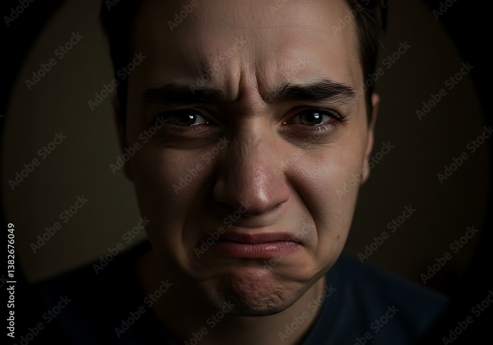 Obraz premium A young man's face contorted in silent sorrow, tears tracing paths down his cheeks, a portrait of profound sadness under dramatic low lighting.