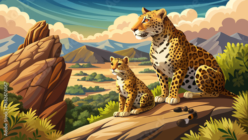 close up Majestic duo: a leopard and her cub perch atop a rocky outcrop, surveying their savanna domain. Wild beauty and maternal bond captured