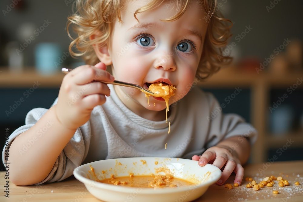 Toddler enjoying messy meal with pasta sauce Toddler enjoying messy meal with pasta sauce