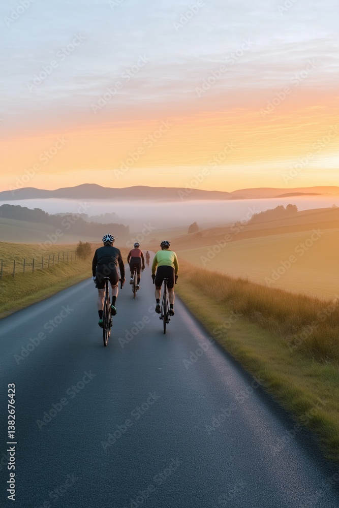 A group of cyclists ride down a road at sunset. The sky is orange and the sun is setting A group of cyclists ride down a road at sunset. The sky is orange and the sun is setting