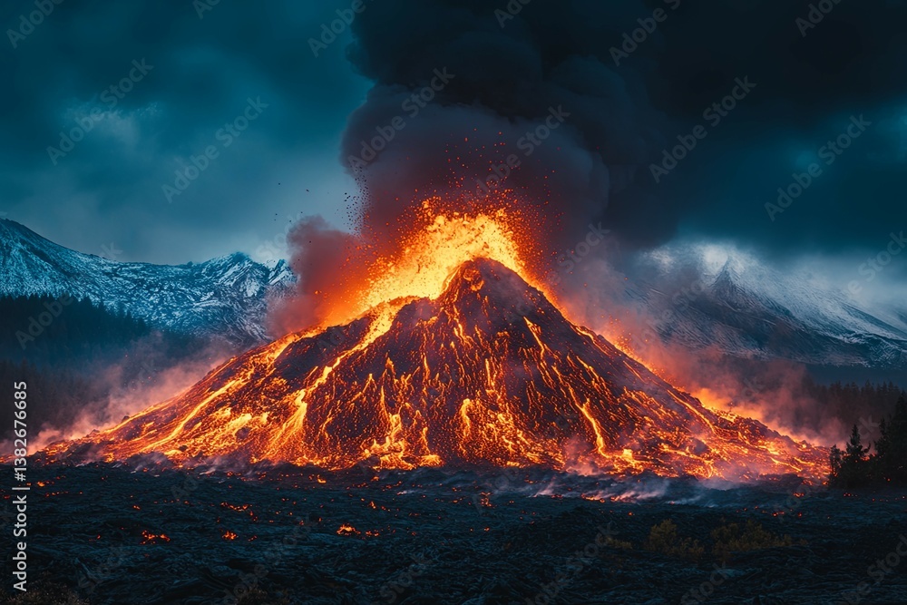 A fiery volcanic eruption with lava flowing in a dramatic landscape A fiery volcanic eruption with lava flowing in a dramatic landscape