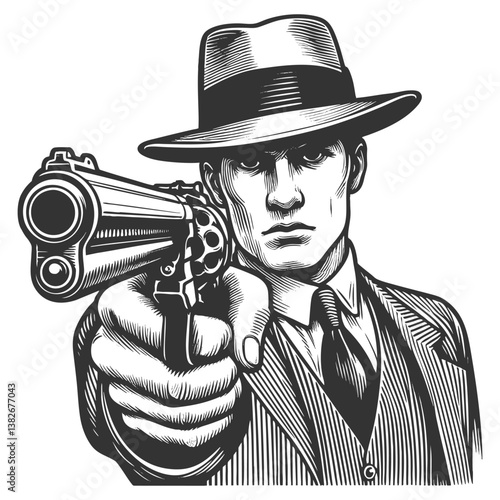 serious-faced gangster in a fedora and pinstripe suit, aiming handgun directly forward in a dramatic noir-style pose sketch engraving generative ai vector illustration. Scratch board. Black and white