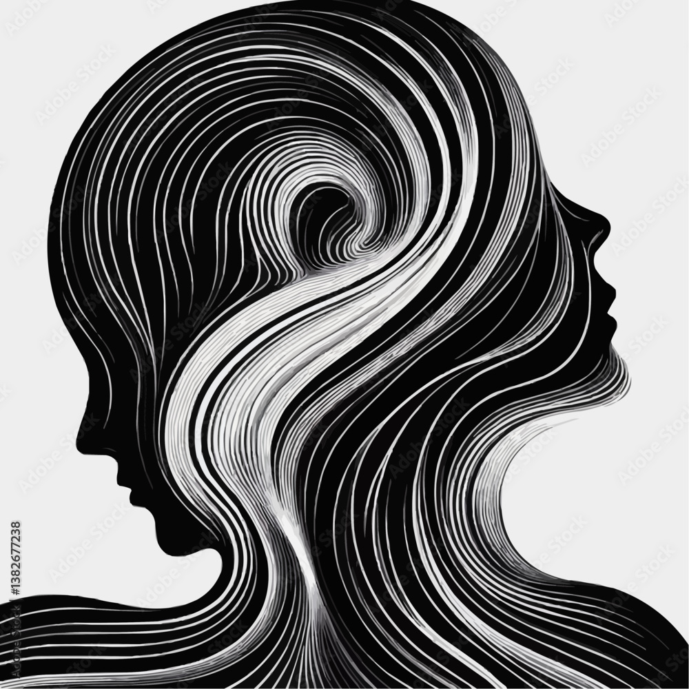 Abstract portrait of two faces intertwined in flowing lines