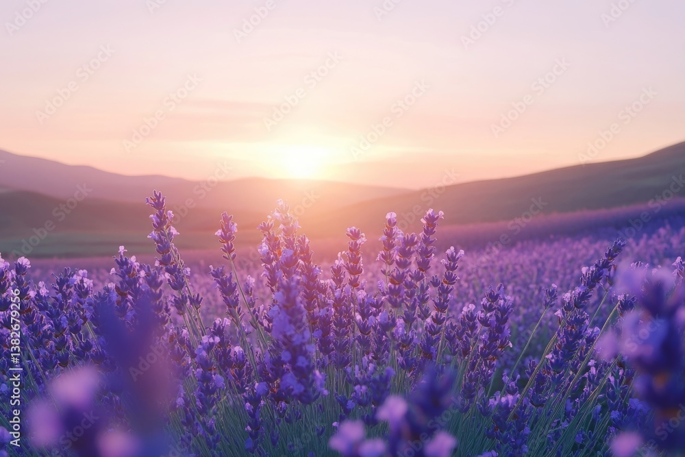 Fototapeta premium Lavender field at sunset, purple flowers bathed in golden light, serene nature landscape.