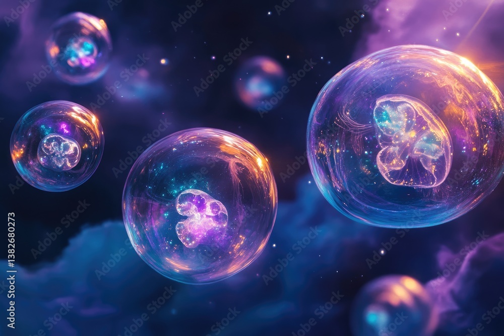 Fototapeta premium Glowing jellyfish trapped inside vibrant, cosmic bubbles float in a nebula.