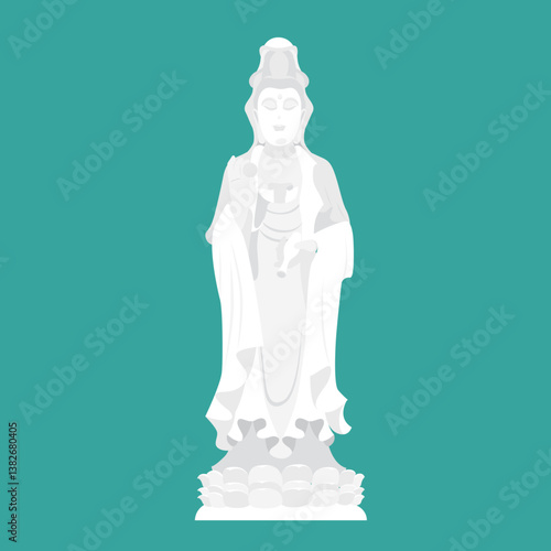 Cartoon character of Guanyin, Chinese goddess of mercy. Guanyin Chinese goddess of mercy isolated on green background. Chinese Guanyin Bodhisattva.