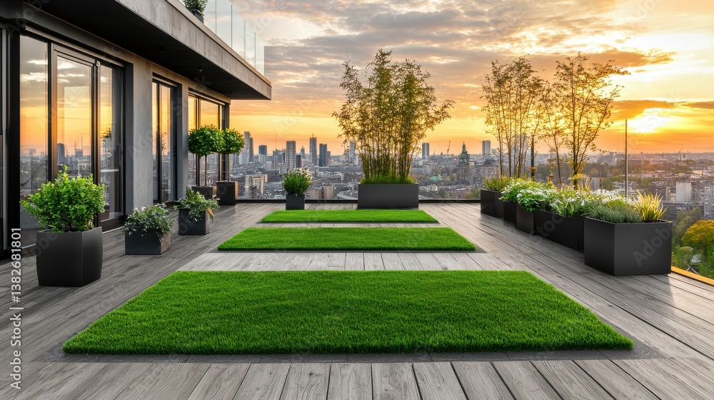 Obraz premium Serene rooftop garden with lush greenery modern architecture and breathtaking city skyline view against a warm vibrant sunset sky Luxury residential property perfect for relaxation and investment