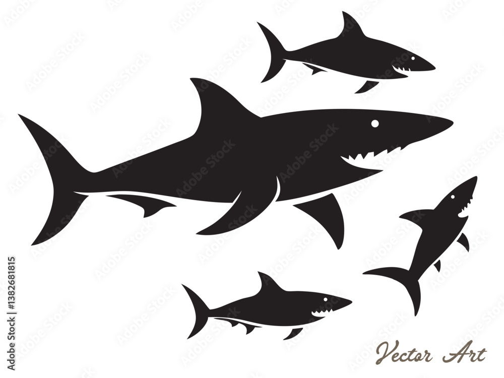 Obraz premium Black shark silhouette collection, set of shark silhouette vector illustration on a white background