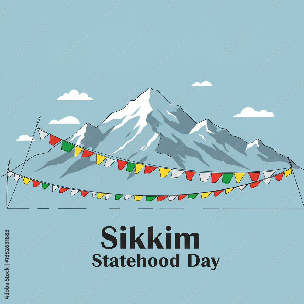 Sikkim Statehood Day Illustration with Himalayan Mountains and Prayer Flags