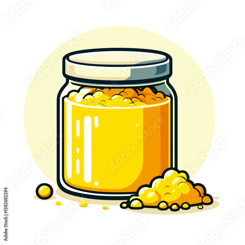 Vector honey jar with yellow liquid and granulated pieces on light background. Perfect for natural food products, organic sweeteners and bee farming illustrations.