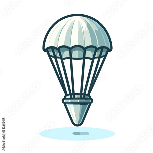Vector parachute in white and gray with stripes and suspension lines. Ideal for skydiving equipment, aerial sports and military deployment illustrations.