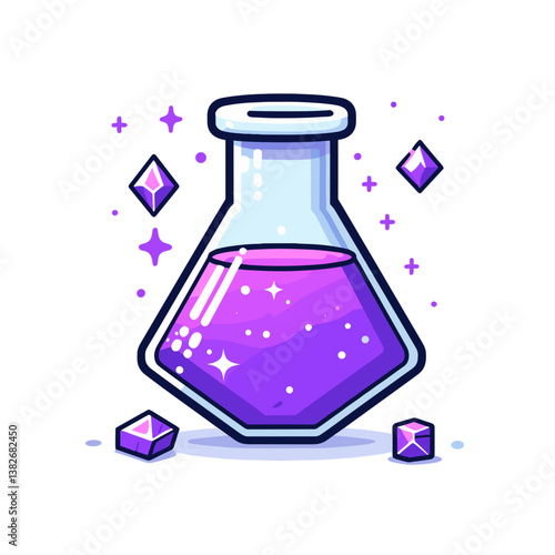 Vector illustration of laboratory flask with purple potion and crystals. Perfect for fantasy game assets or scientific concept art.