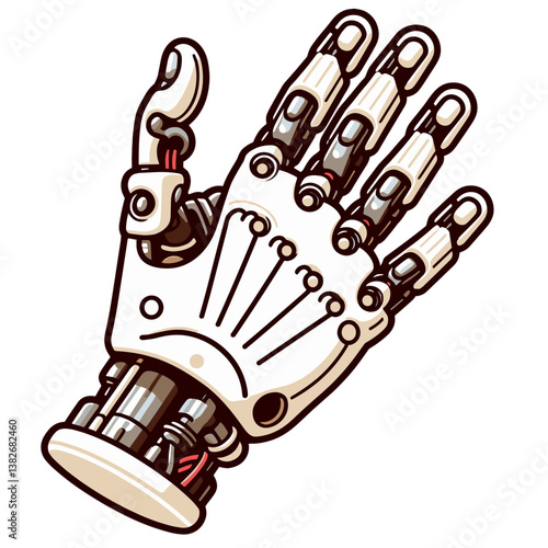 Vector prosthetic robotic hand with mechanical joints and realistic details. Perfect for medical technology, bioengineering innovations and assistive device illustrations.