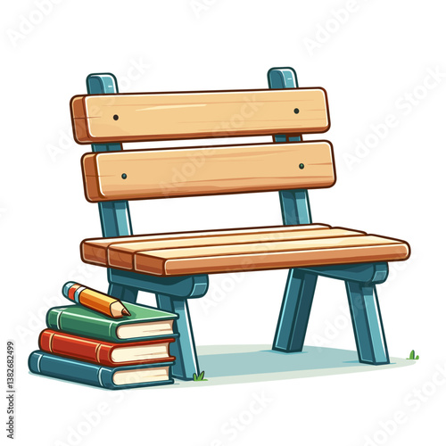 Vector illustration of wooden park bench with stack of books. Perfect for library branding or literary festival promotions.