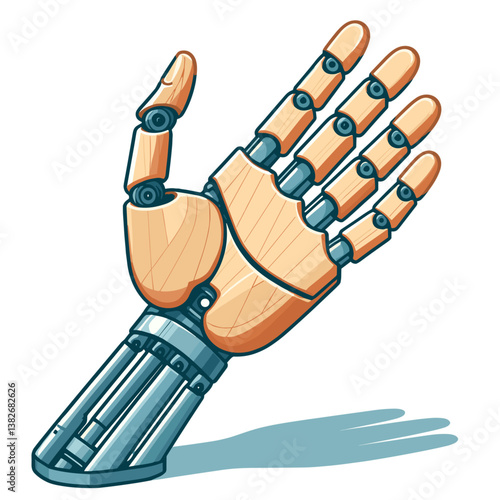 Vector art of robotic prosthetic hand with articulated joints. Ideal for medical technology websites, prosthetic innovation blogs, and assistive device manufacturers.