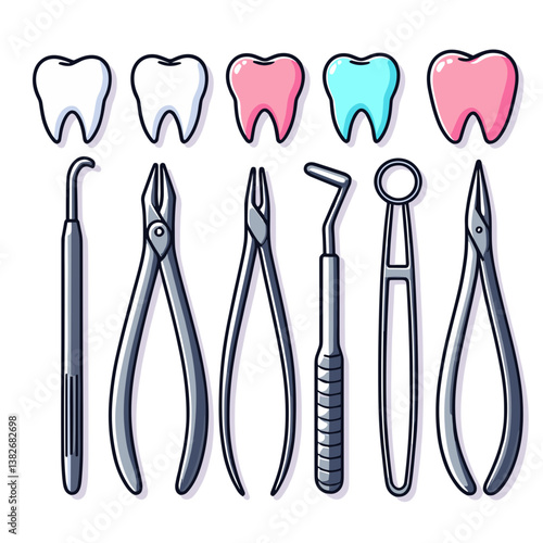 Vector illustration of dental instruments with colorful tooth icons. Perfect for dentist websites, orthodontic clinics, and oral healthcare educational materials.