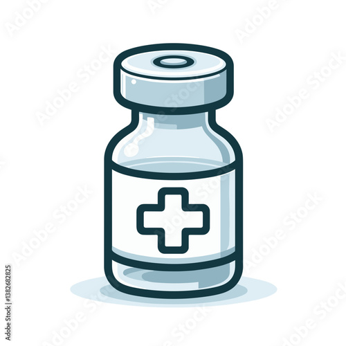 Vector art of medical vaccine vial with cross symbol. Ideal for healthcare websites, vaccination programs, and pharmaceutical information resources.