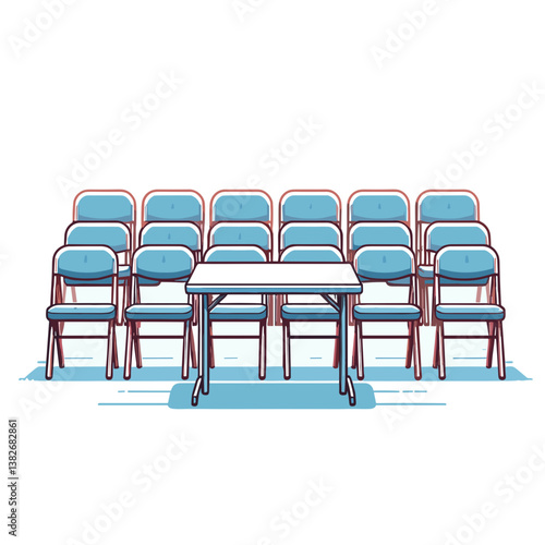 Vector illustration of rows of blue auditorium or classroom chairs. Perfect for event venue websites, educational facility guides, and conference center directories.