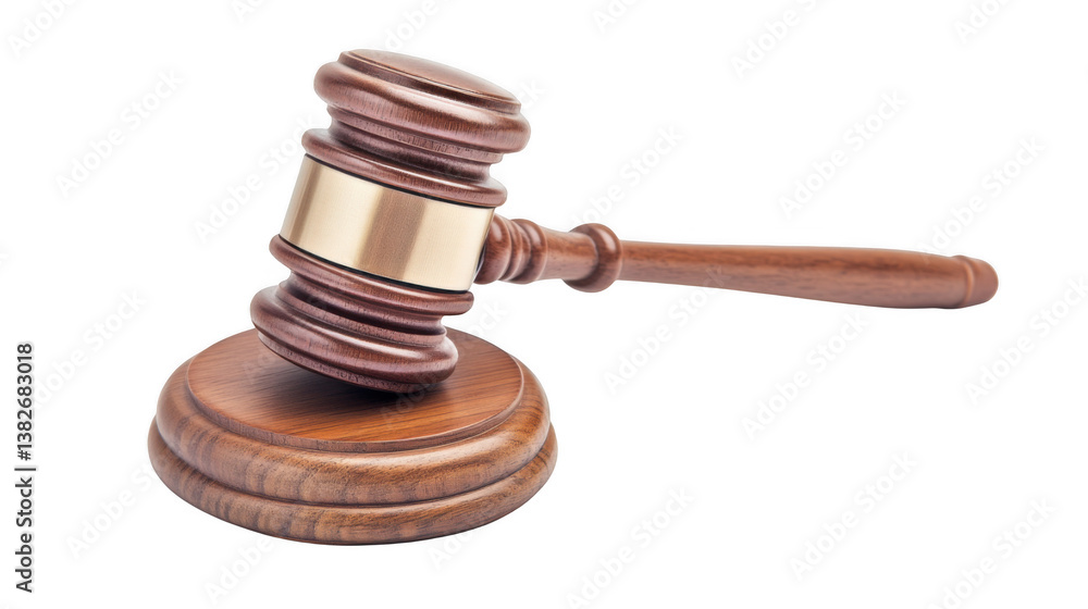 A wooden gavel with a gold band resting on a wooden base against a black isolated background scene A wooden gavel with a gold band resting on a wooden base against a black isolated background scene