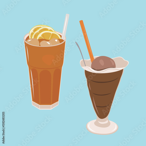 Iced lemon tea and chocolate ice cream drink. Ice tea with slice of lemon in glasses cup. Chocolate Cocktail Drink with Ice Cream. Mudslide delicious chocolate cocktail, milkshake.