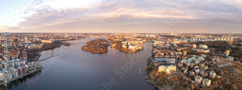 Panoramic view of Stockholm, Södermalm, Gröndal and lilla Essingen, at sunset, early spring. Sweden.