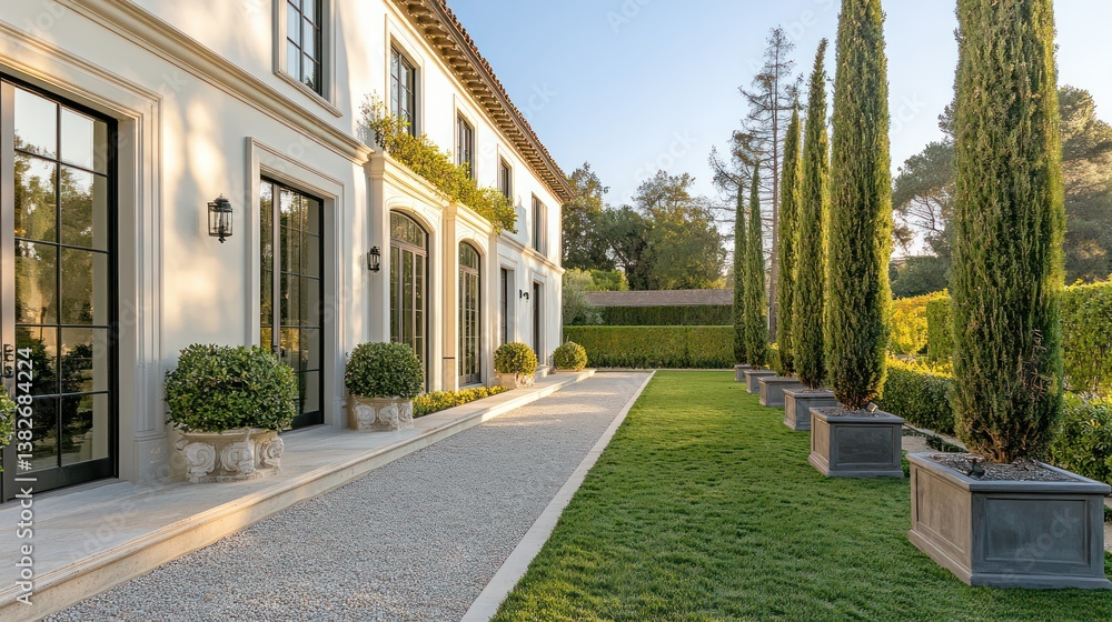 Elegant home exterior with manicured garden path Elegant home exterior with manicured garden path