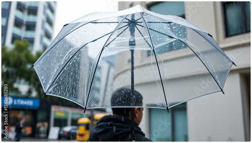 Blue umbrellas shield city dwellers from rain near glass building architecture