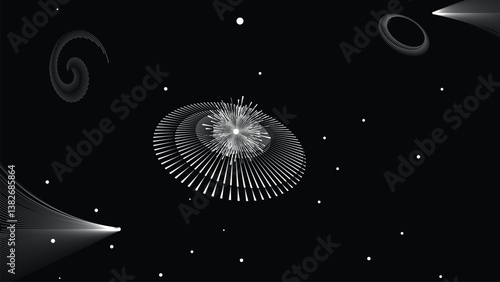 Black hole with disc of plasma eating dying star in space. Supermassive singularity in core off a galaxy, with lines . Event horizon .Spiral galaxies . Vector illustration