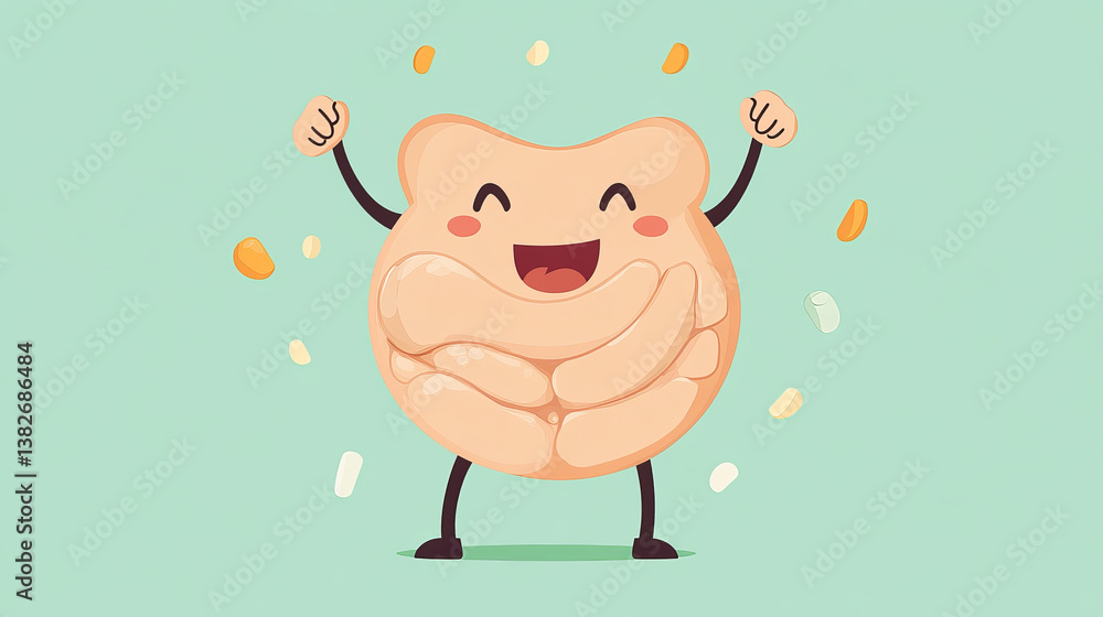 Cartoon healthy stomach in abdomen, cute character Internal organ mascot demonstrate power, show strong muscles. Tummy digestion system health care and gastroenterology medicine, Vector illustration Cartoon healthy stomach in abdomen, cute character Internal organ mascot demonstrate power, show strong muscles. Tummy digestion system health care and gastroenterology medicine, Vector illustration