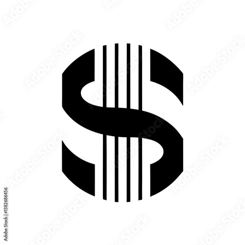 Modern striped dollar symbol vector icon with abstract segmented design in bold financial silhouette