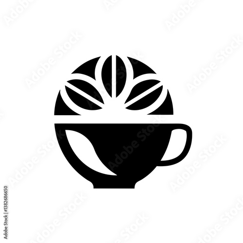 Latte art inspired coffee cup logo with curved leaf design and multiple petal symmetry in circle

