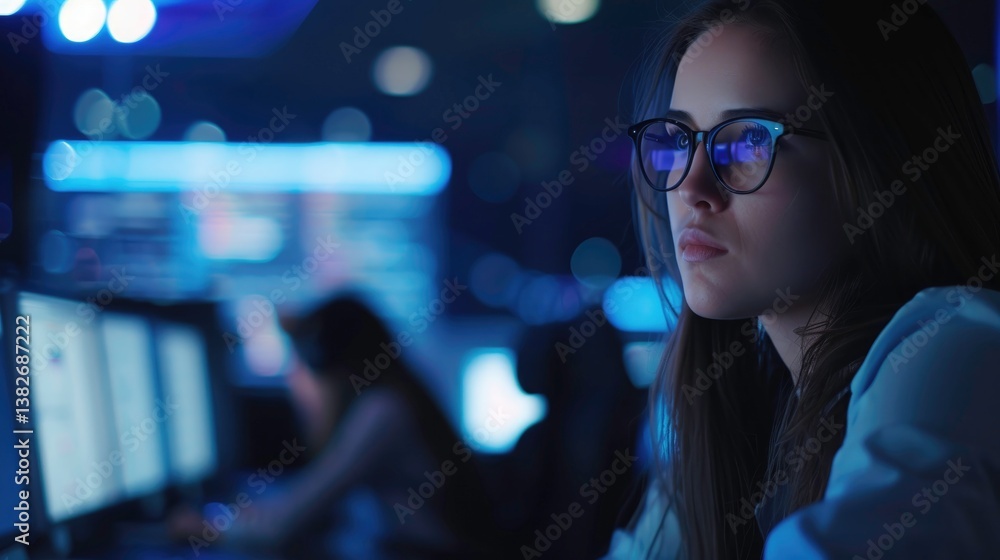 Focused Female IT Coder Working on Cybersecurity Hacking and AI Solutions Digital Software Focused Female IT Coder Working on Cybersecurity Hacking and AI Solutions Digital Software